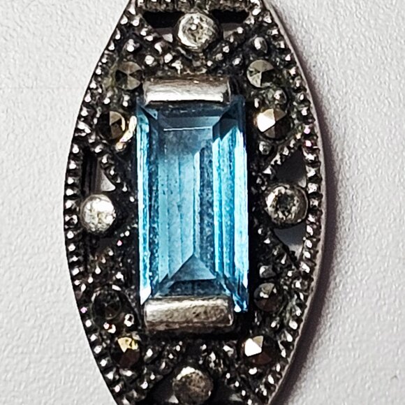 Sterling Silver 925 A Blue Gemstone - Marcasite Pendant Necklace - Picture 5 of 6